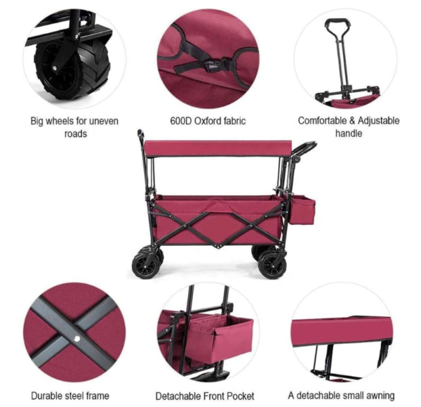 150lb Outdoor Supermarket Folding Beach Utility Wagon With Push Handle Canopy Bag - Image 7